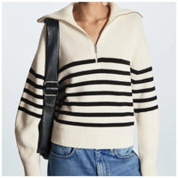 Women's Jumper – Striped Ribbed Half-Zip Knit