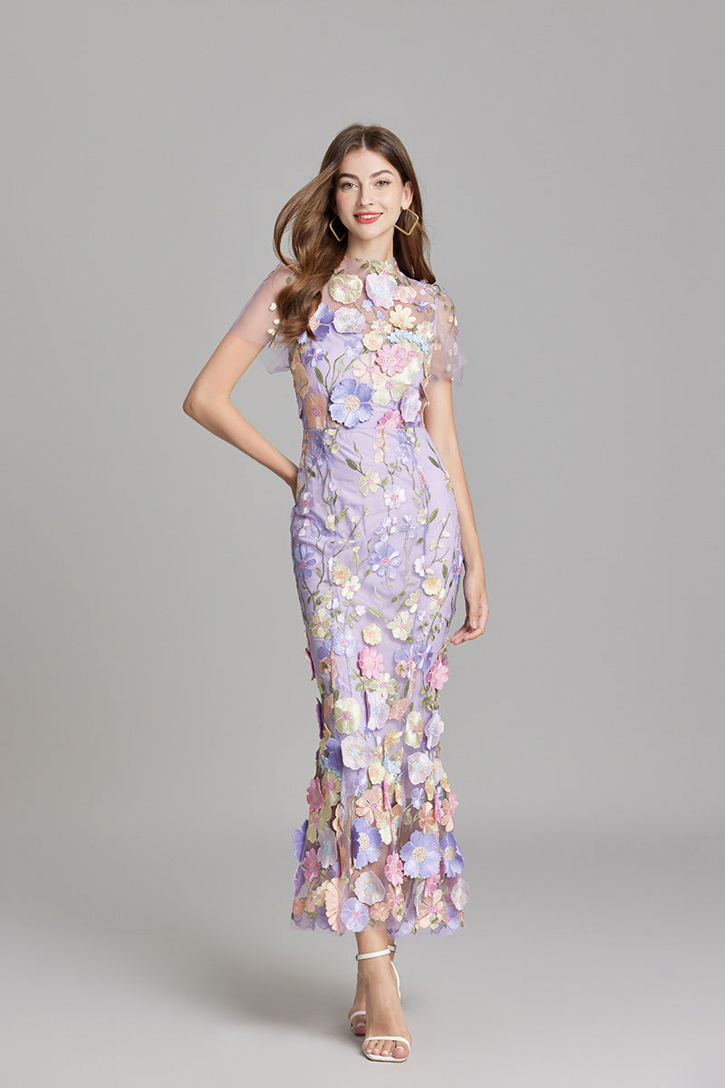 Women's Floral Midi Dress - 3D Appliqué Wedding Guest Dress product image | Invictora.com