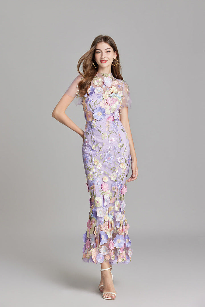 Women's Floral Midi Dress – 3D Appliqué Wedding Guest Dress in Beige | Invictora.com
