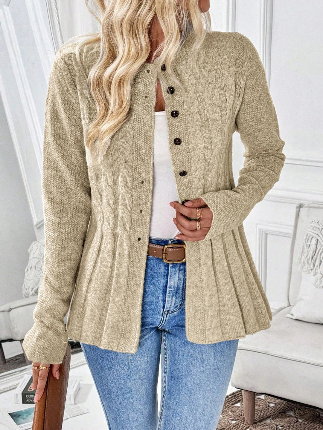 Women's Cardigan – Cable-Knit Fitted Peplum Button