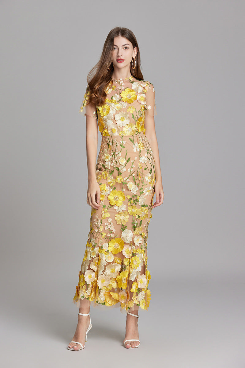 Women's Floral Midi Dress - 3D Appliqué Wedding Guest Dress product image | Invictora.com