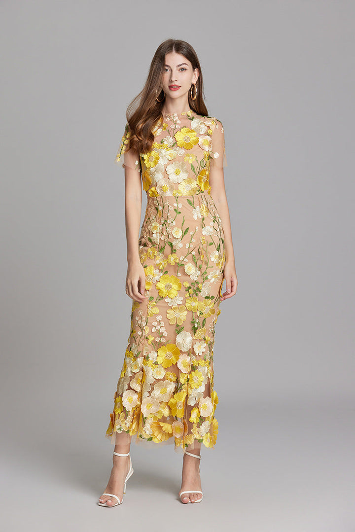 Women's Floral Midi Dress - 3D Appliqué Wedding Guest Dress product image | Invictora.com