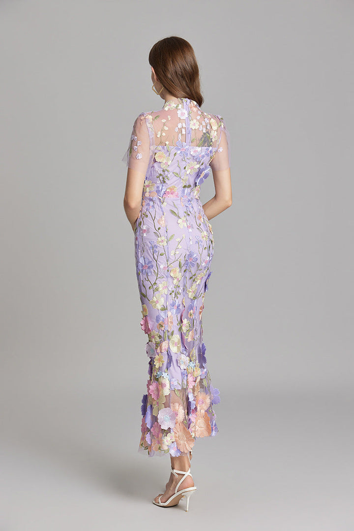 Women's Floral Midi Dress – 3D Appliqué Wedding Guest Dress in Purple | Invictora.com