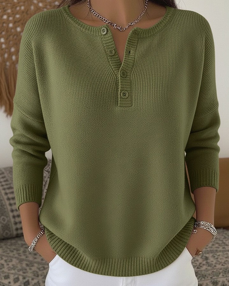 Women's Jumper – Ribbed Henley Button Drop-Shoulder Knit