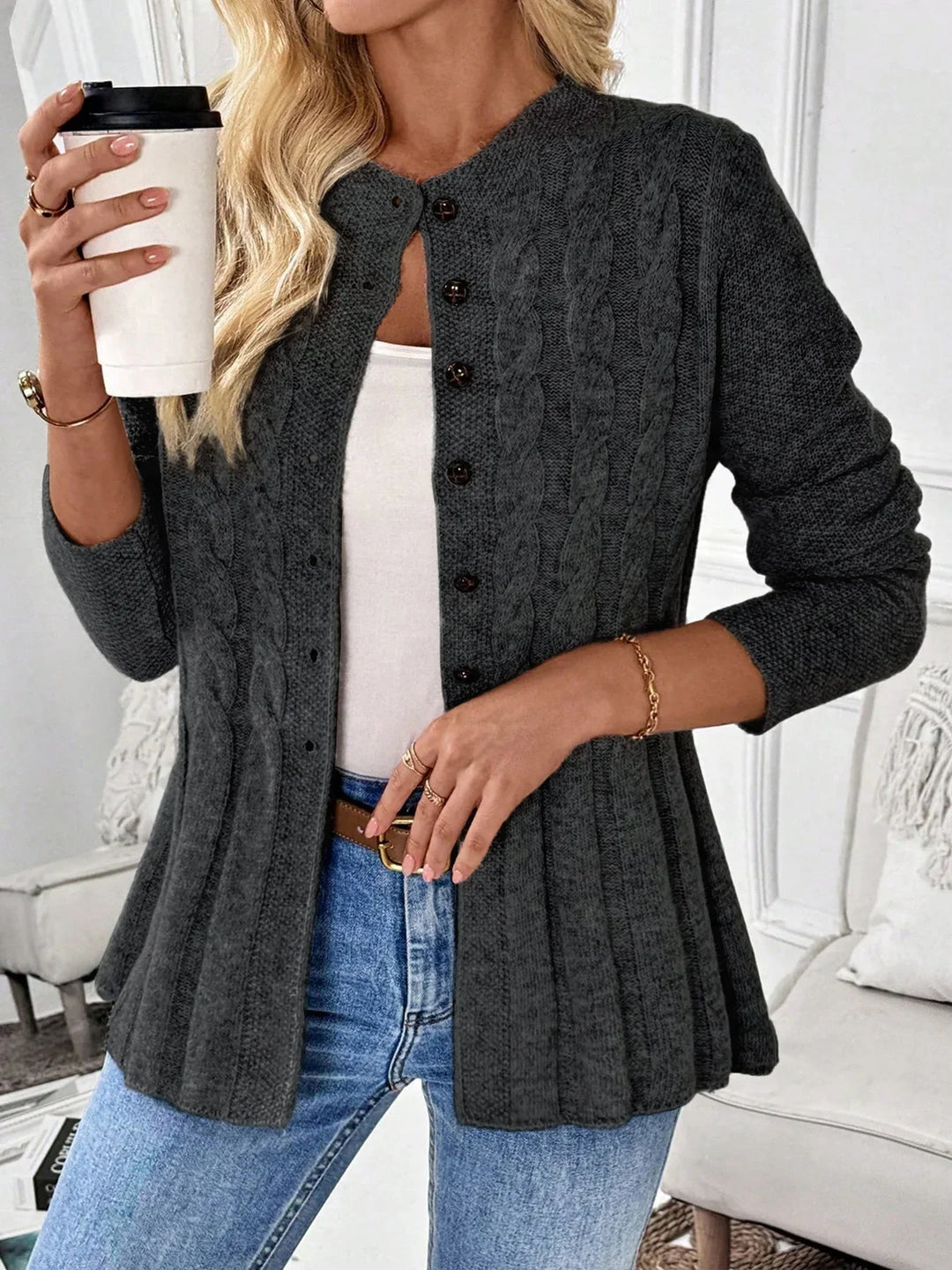 Women's Cardigan – Cable-Knit Fitted Peplum Button