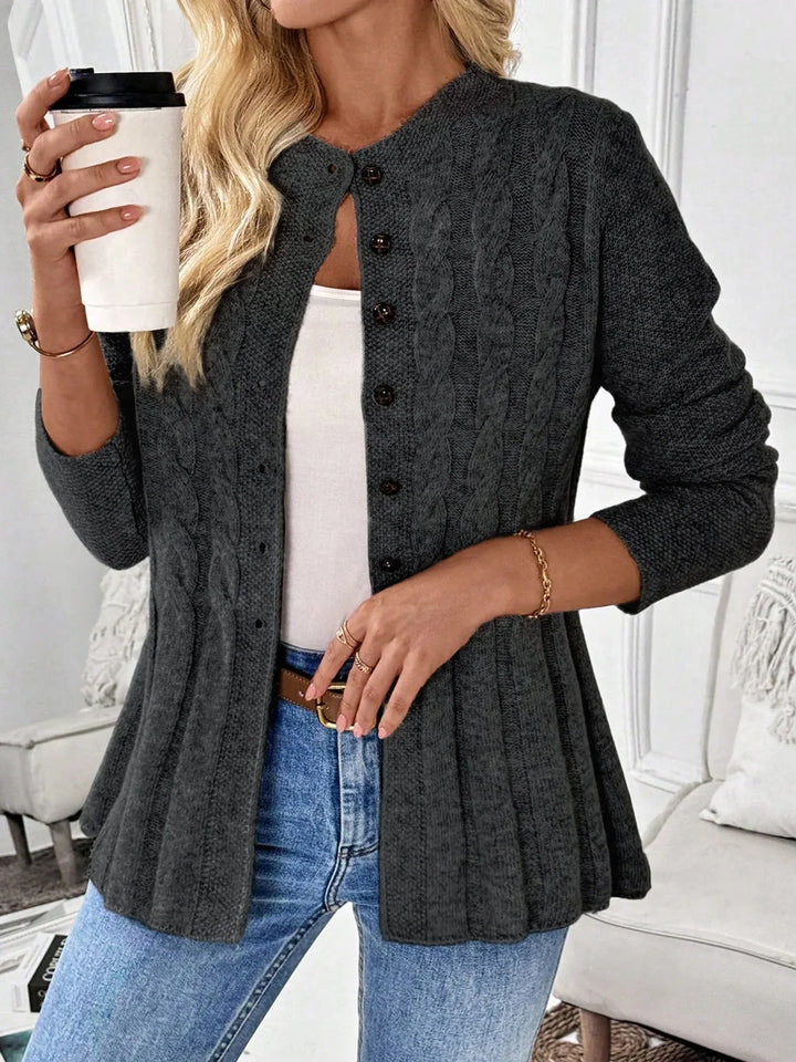 Women's Cardigan – Cable-Knit Fitted Peplum Button