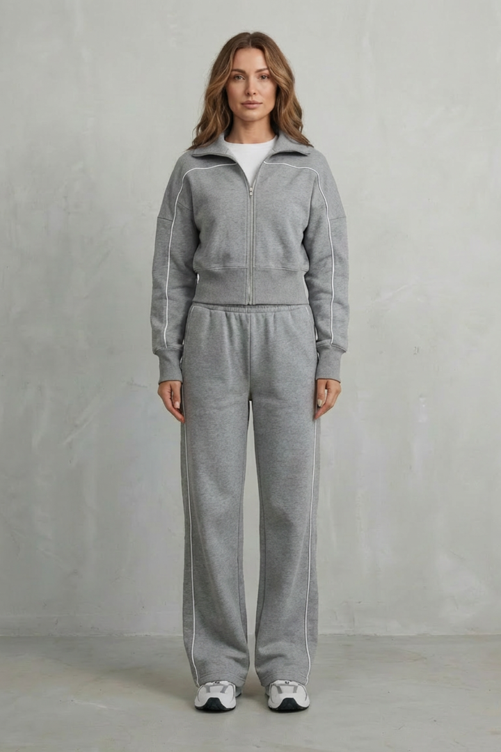 Women's Piped Zip-Up Cardigan & Wide-Leg Knit Co-ord