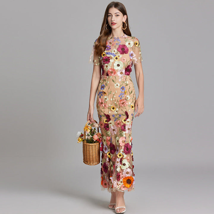 Women's Floral Midi Dress – 3D Appliqué Wedding Guest Dress in Yellow | Invictora.com