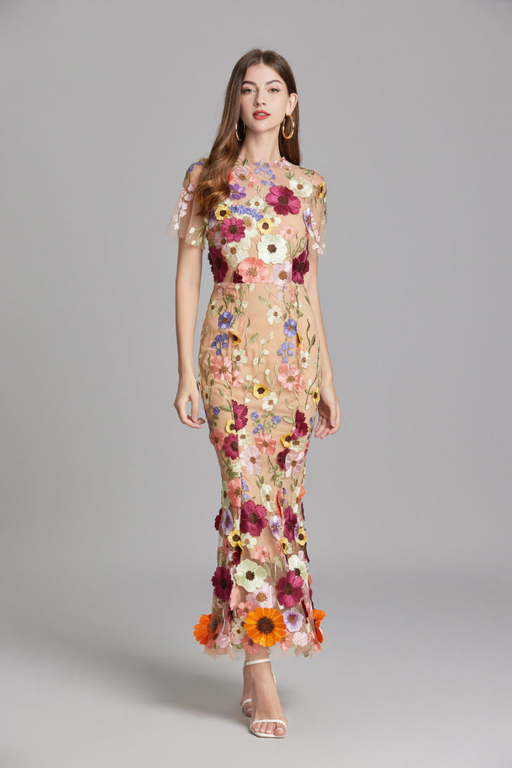 Women's Floral Midi Dress – 3D Appliqué Wedding Guest Dress in Yellow | Invictora.com