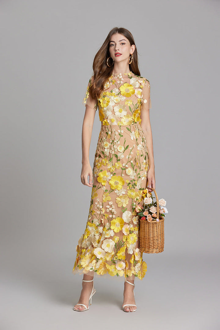 Women's Floral Midi Dress - 3D Appliqué Wedding Guest Dress product image | Invictora.com