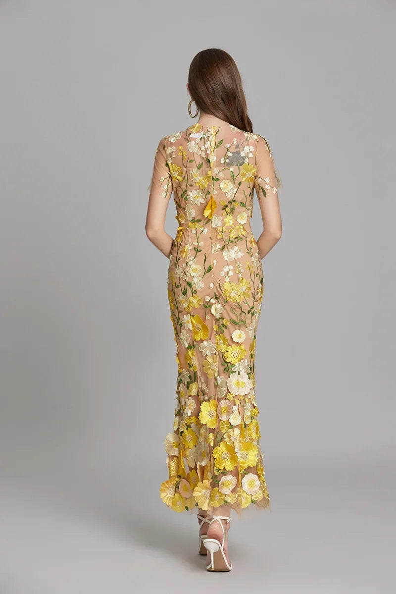 Women's Floral Midi Dress – 3D Appliqué Wedding Guest Dress | Invictora.com