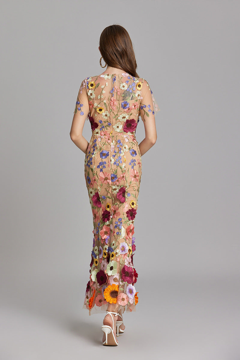 Women's Floral Midi Dress - 3D Appliqué Wedding Guest Dress product image | Invictora.com