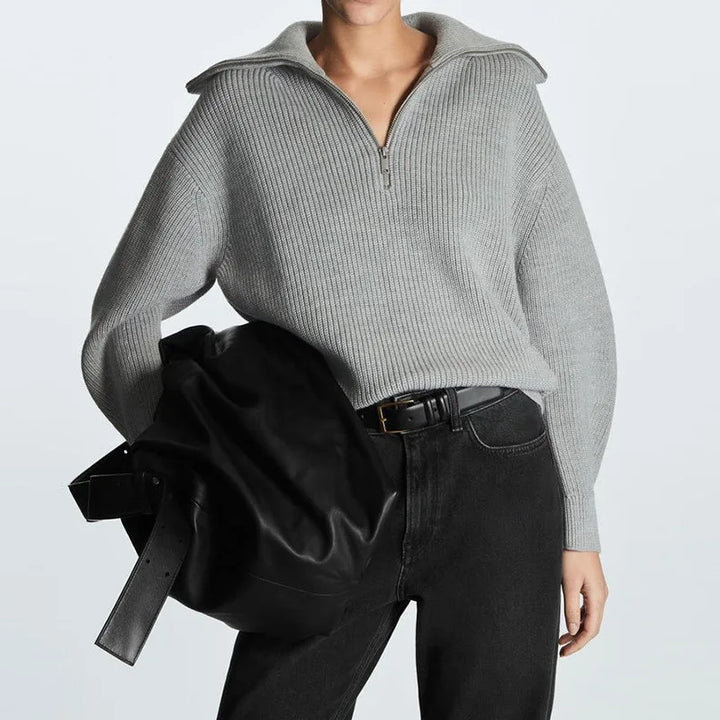 Women's Jumper – Striped Ribbed Half-Zip Knit