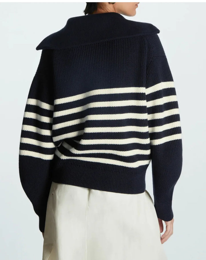Women's Jumper – Striped Ribbed Half-Zip Knit