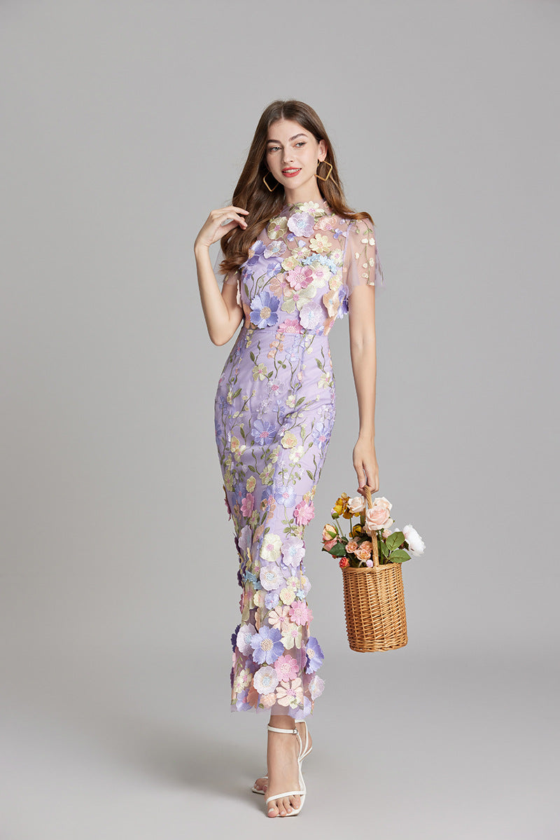 Women's Floral Midi Dress – 3D Appliqué Wedding Guest Dress in Beige | Invictora.com