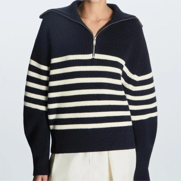 Women's Jumper – Striped Ribbed Half-Zip Knit