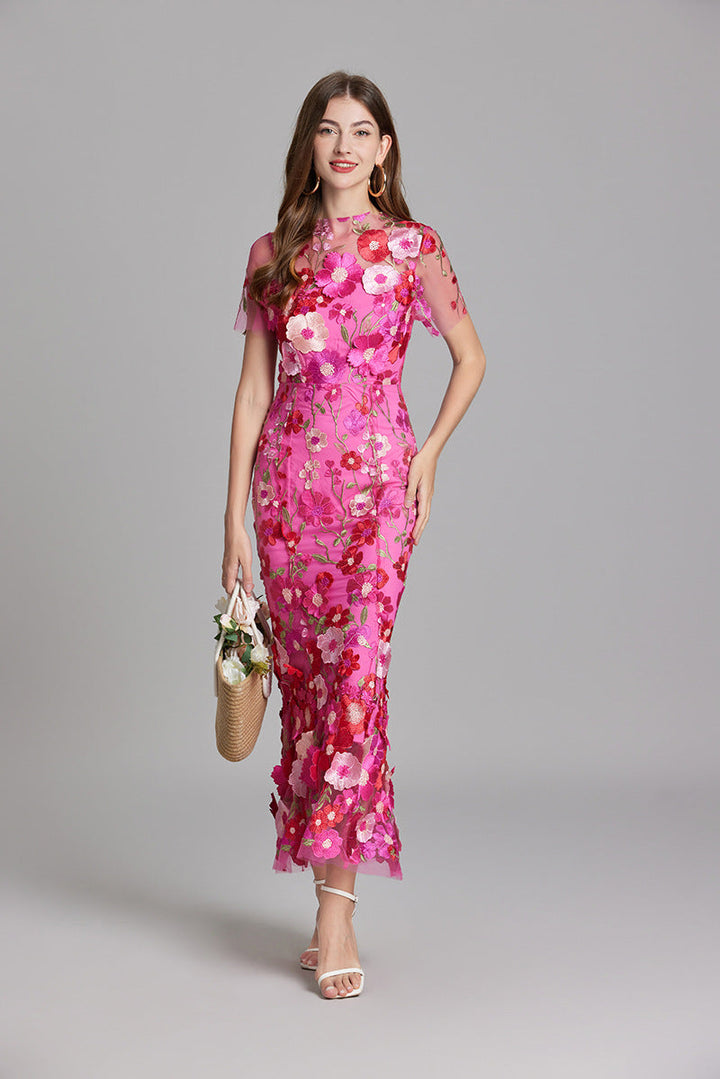 Women's Floral Midi Dress – 3D Appliqué Wedding Guest Dress in Pink | Invictora.com