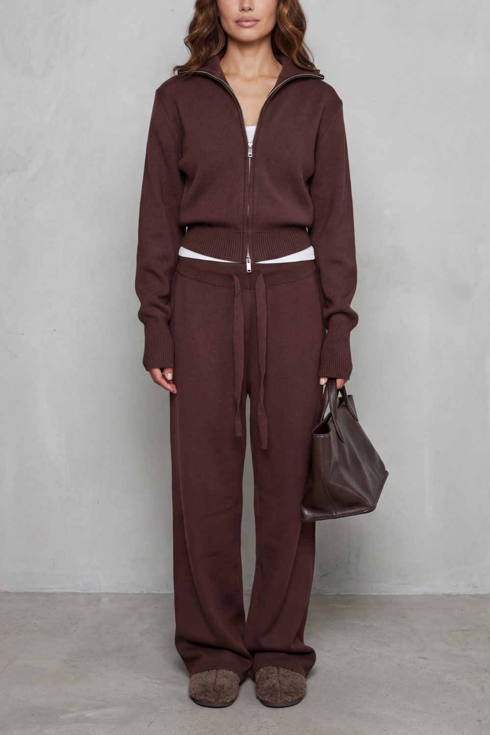 Women's Zip-Neck Knit Cardigan & Wide-Leg Lounge Set