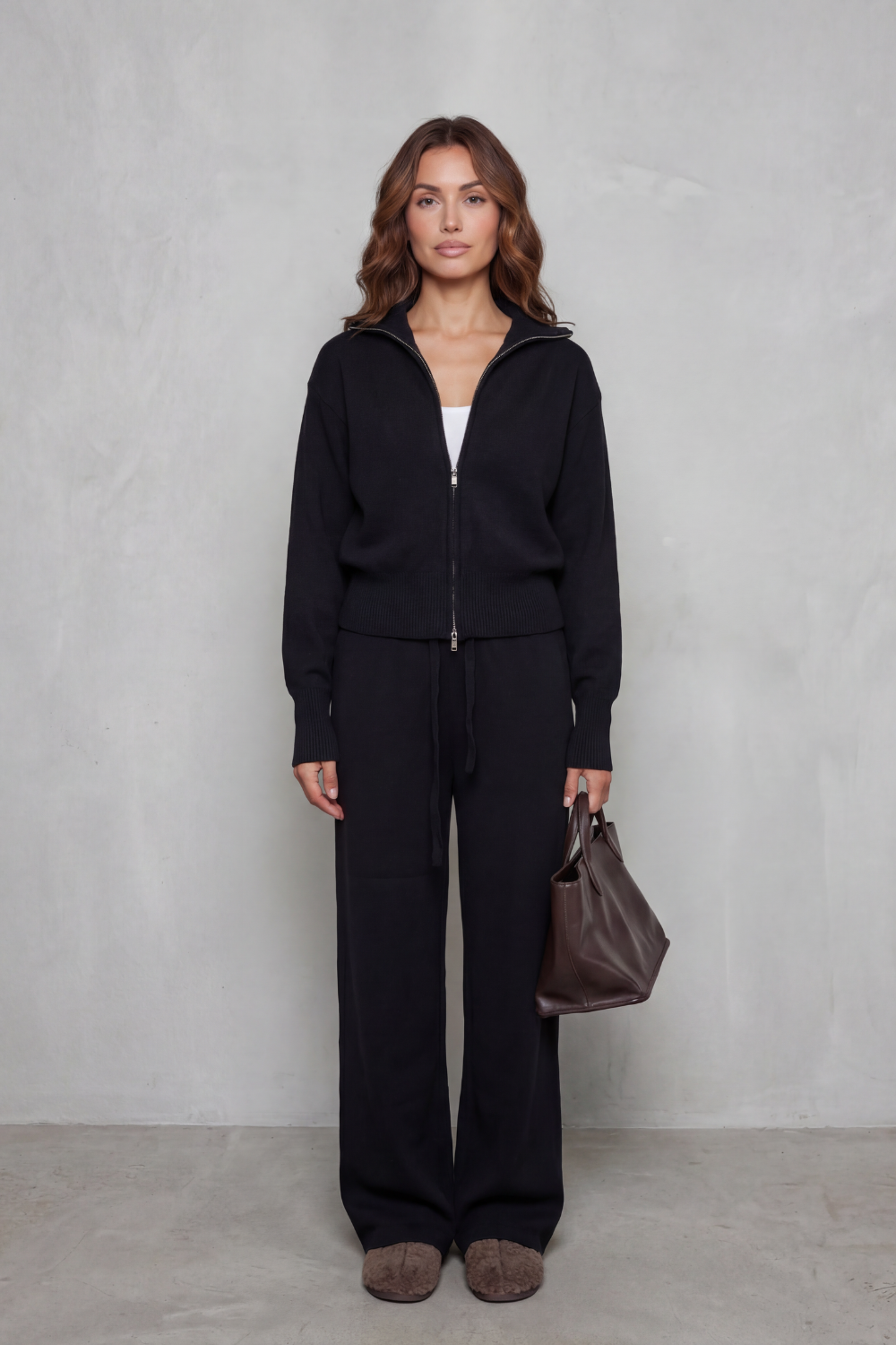 Women's Zip-Neck Knit Cardigan & Wide-Leg Lounge Set