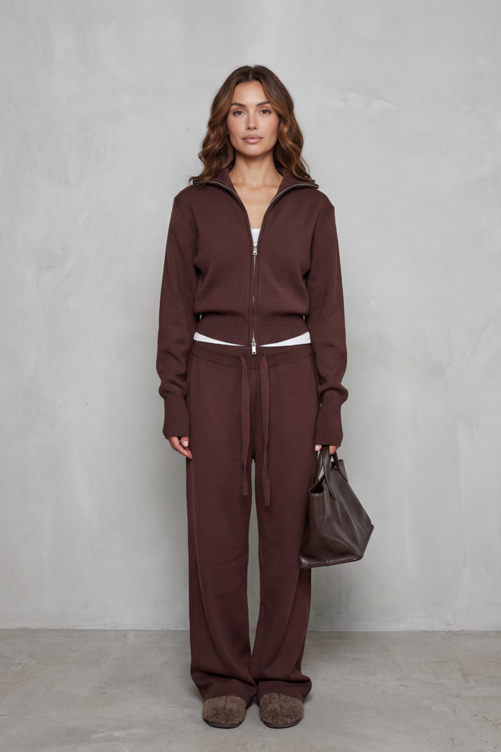 Women's Zip-Neck Knit Cardigan & Wide-Leg Lounge Set