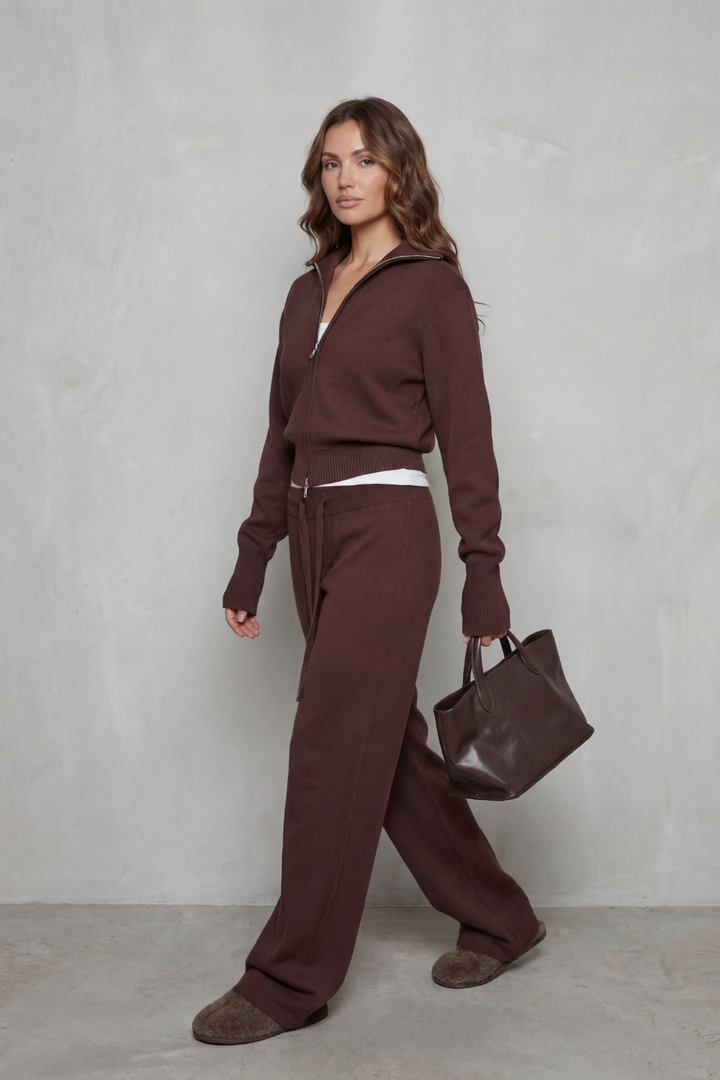 Women's Zip-Neck Knit Cardigan & Wide-Leg Lounge Set