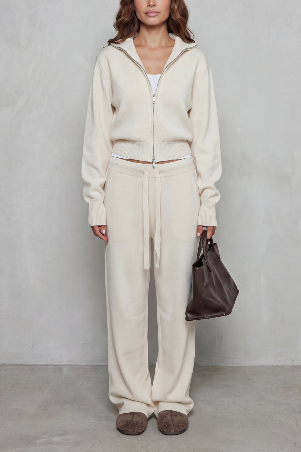 Women's Zip-Neck Knit Cardigan & Wide-Leg Lounge Set
