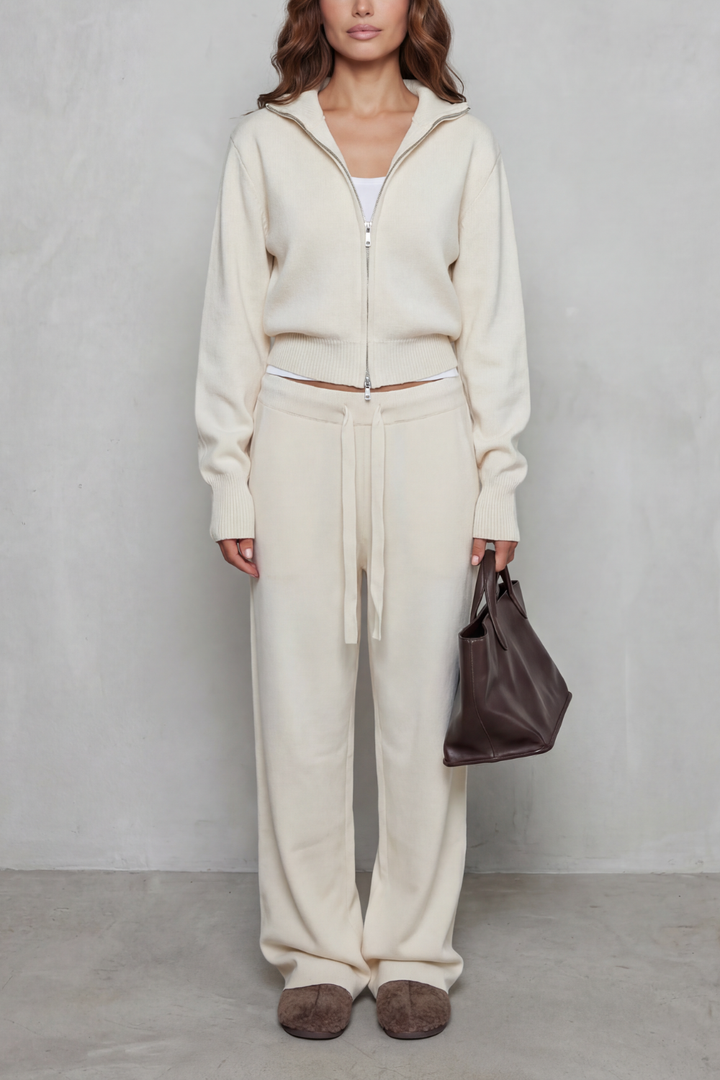 Women's Zip-Neck Knit Cardigan & Wide-Leg Lounge Set