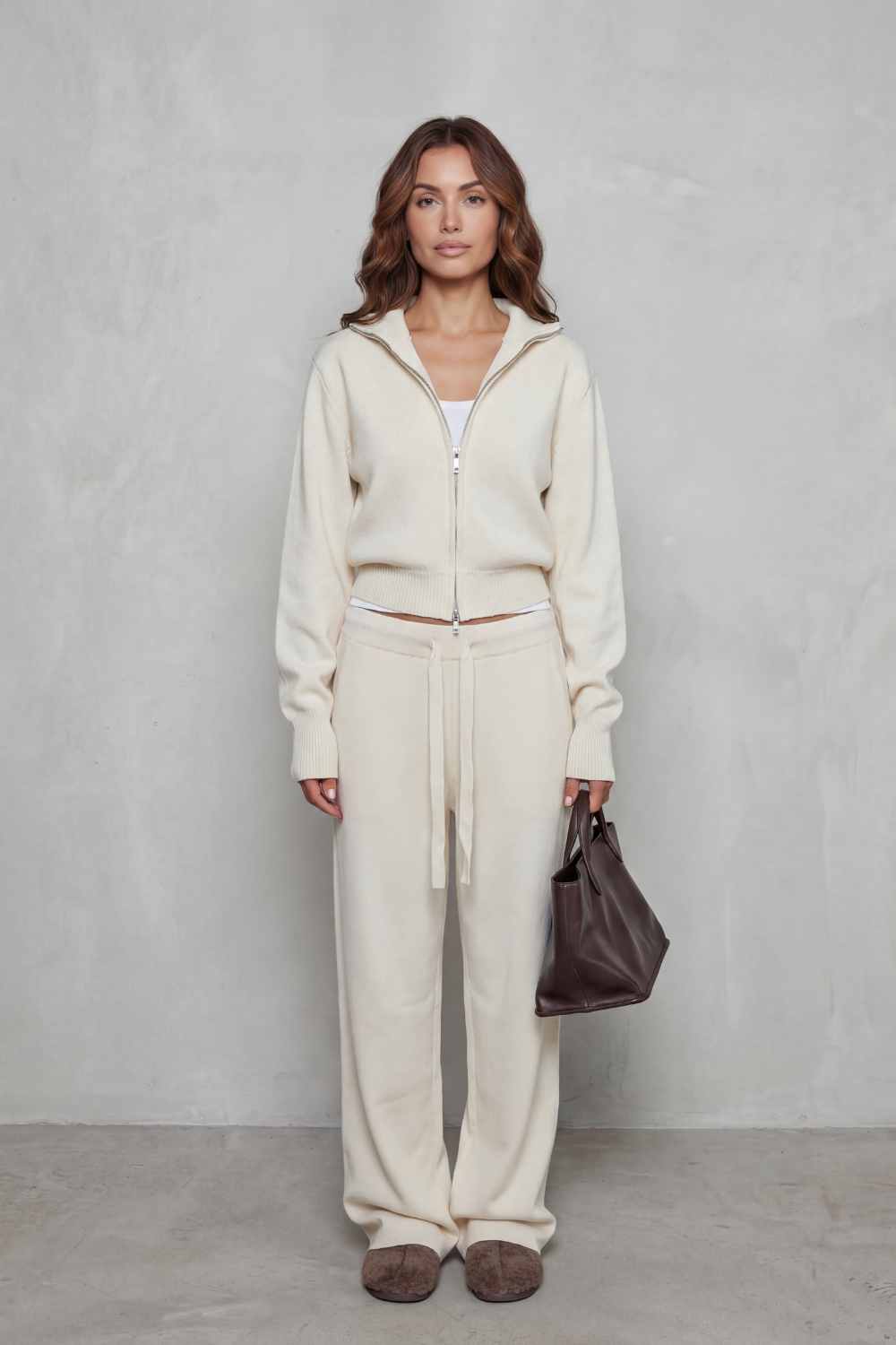 Women's Zip-Neck Knit Cardigan & Wide-Leg Lounge Set