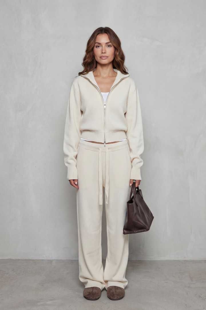 Women's Zip-Neck Knit Cardigan & Wide-Leg Lounge Set