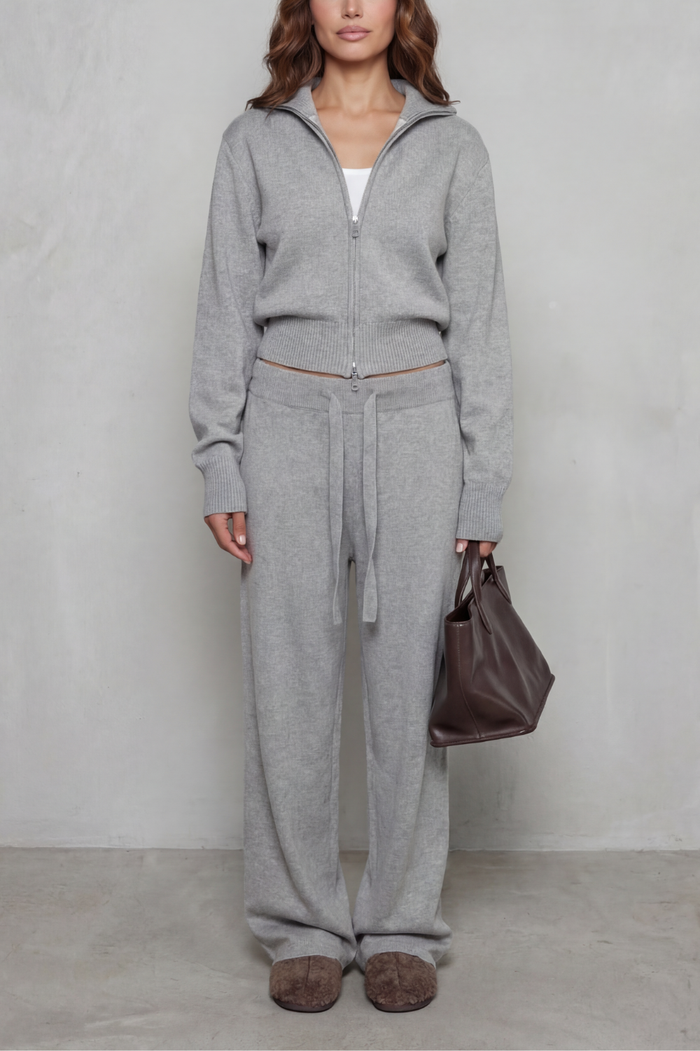 Women's Zip-Neck Knit Cardigan & Wide-Leg Lounge Set