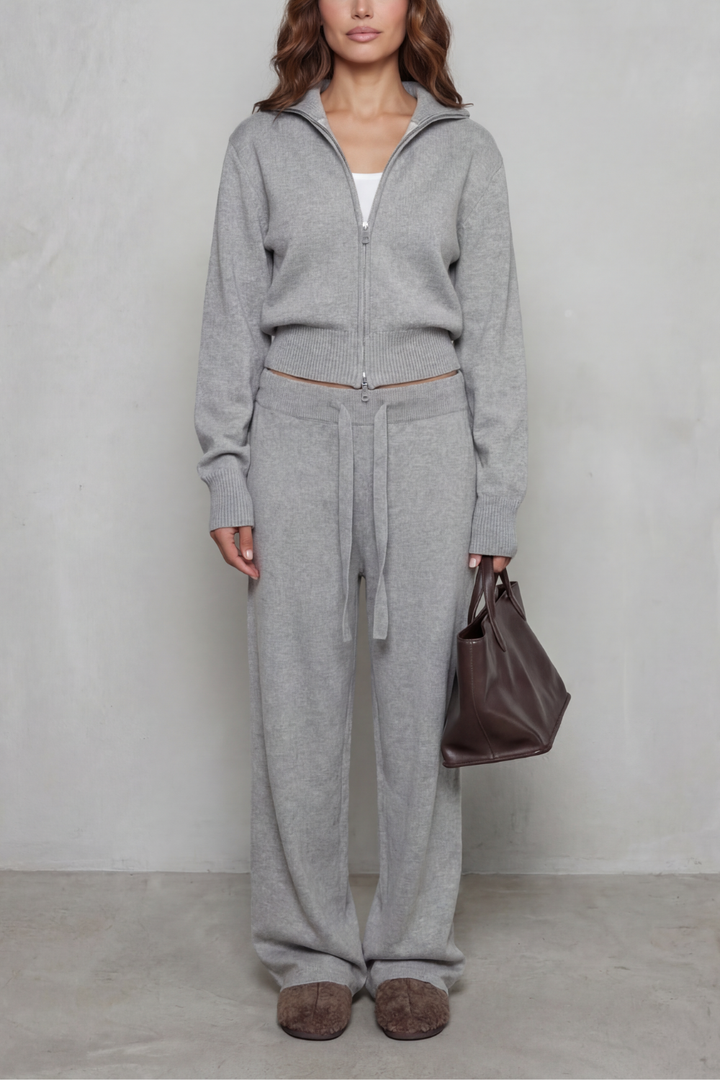 Women's Zip-Neck Knit Cardigan & Wide-Leg Lounge Set