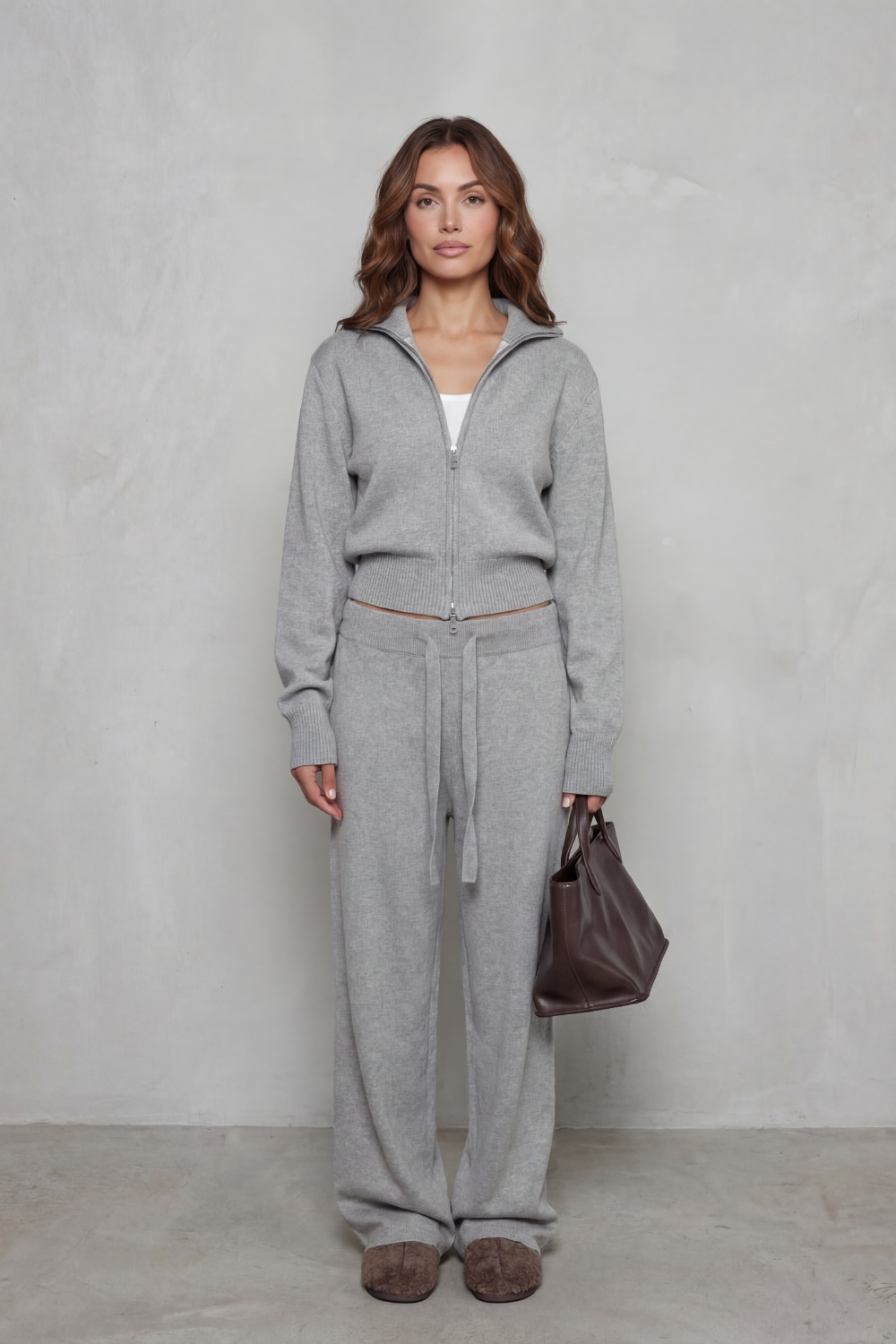 Women's Zip-Neck Knit Cardigan & Wide-Leg Lounge Set