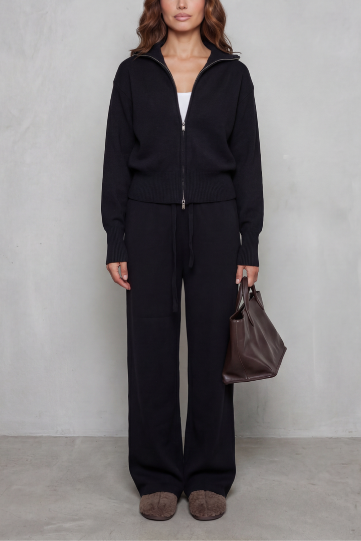 Women's Zip-Neck Knit Cardigan & Wide-Leg Lounge Set