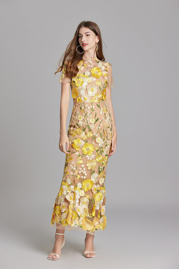 Women's Floral Midi Dress - 3D Appliqué Wedding Guest Dress product image | Invictora.com