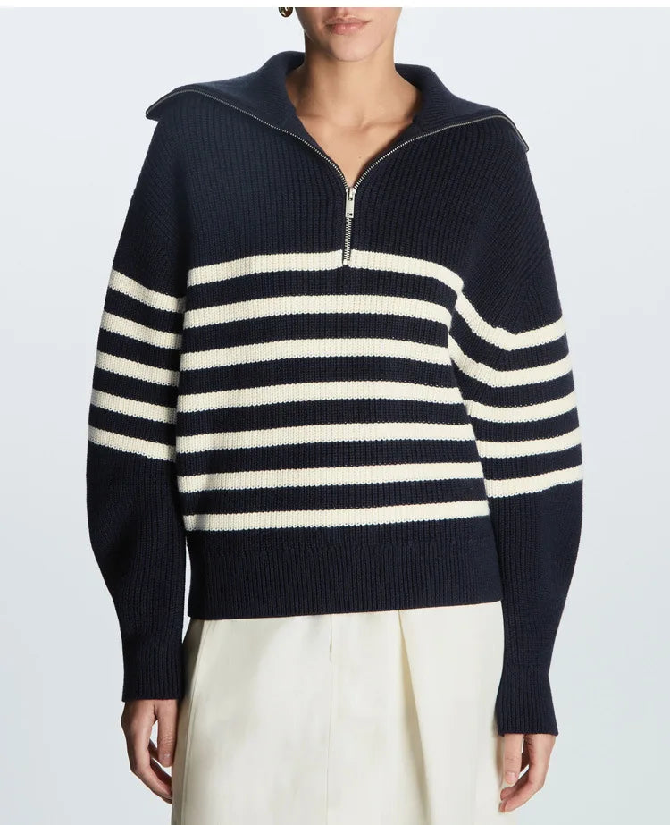 Women's Jumper – Striped Ribbed Half-Zip Knit