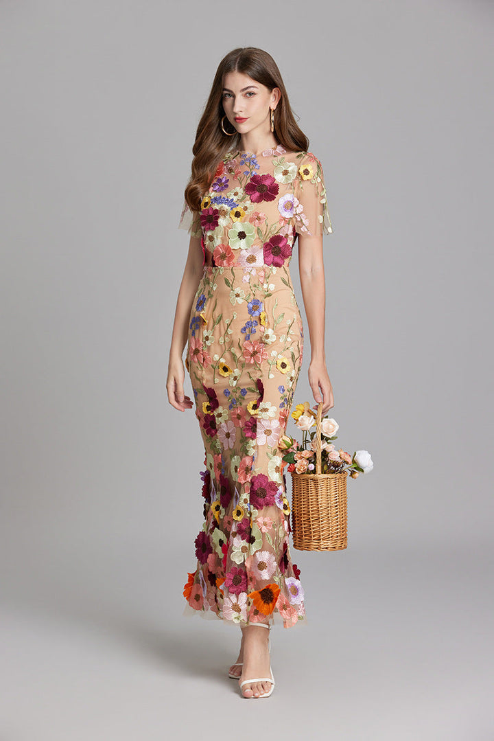 Women's Floral Midi Dress – 3D Appliqué Wedding Guest Dress in Yellow | Invictora.com