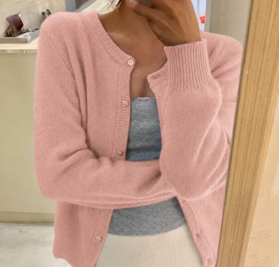 Women's Soft Knit Cardigan with Button Front and Round Neckline in Beige | Invictora.com