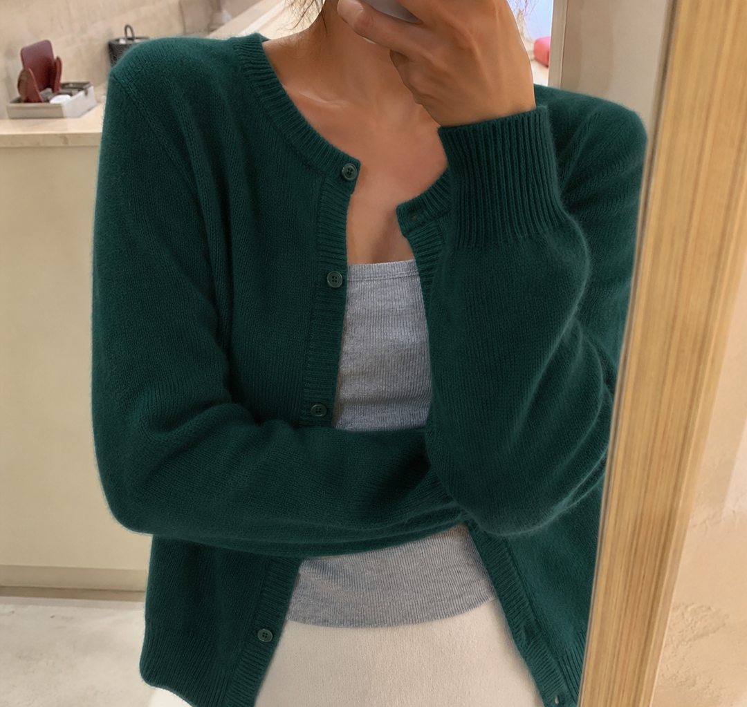 Women's Soft Knit Cardigan with Button Front and Round Neckline in Beige | Invictora.com