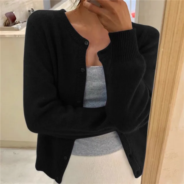 Women's Soft Knit Cardigan with Button Front and Round Neckline in Gray | Invictora.com