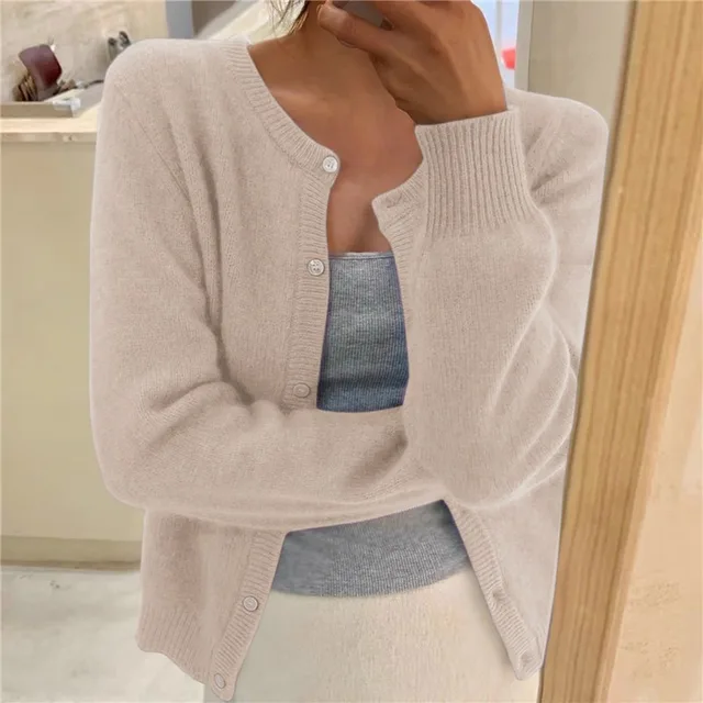 Women's Soft Knit Cardigan with Button Front and Round Neckline in Gray | Invictora.com