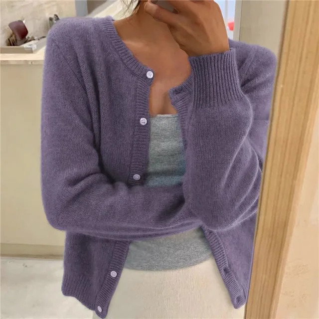 Women's Soft Knit Cardigan with Button Front and Round Neckline in Gray | Invictora.com