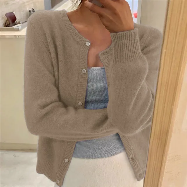 Women's Soft Knit Cardigan with Button Front and Round Neckline in Black | Invictora.com