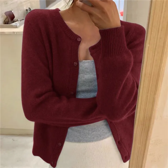 Women's Soft Knit Cardigan with Button Front and Round Neckline in Black | Invictora.com