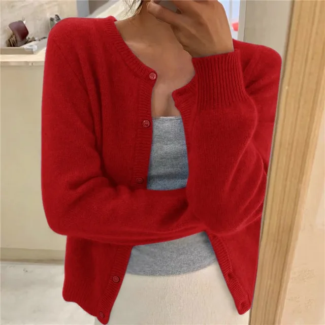 Women's Soft Knit Cardigan with Button Front and Round Neckline in Black | Invictora.com