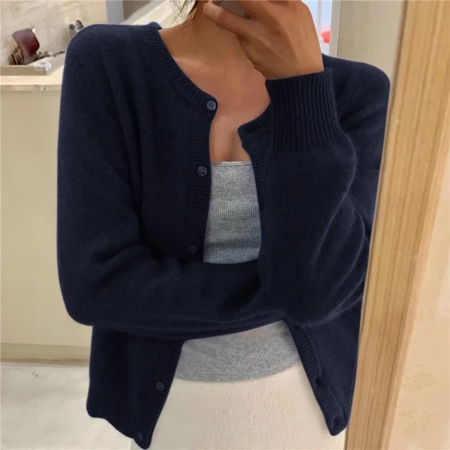 Women's Soft Knit Cardigan with Button Front and Round Neckline in Beige | Invictora.com