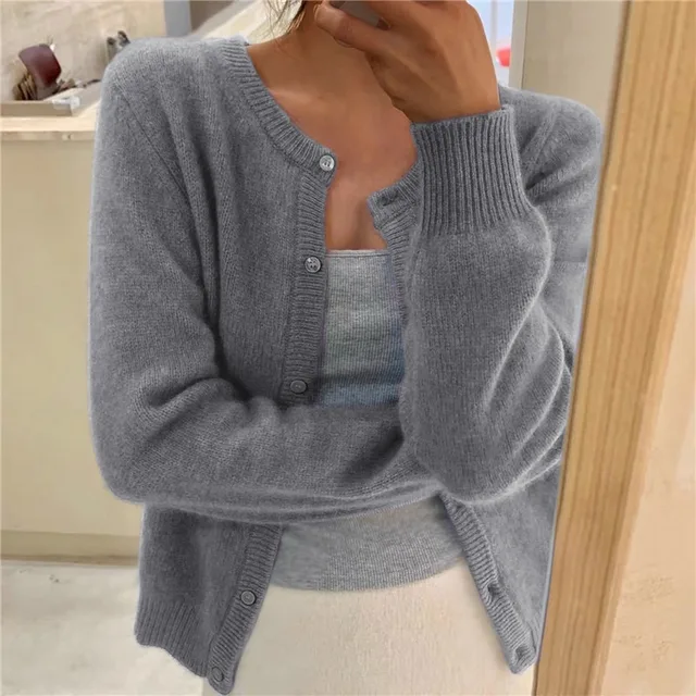Women's Soft Knit Cardigan with Button Front and Round Neckline in Gray | Invictora.com