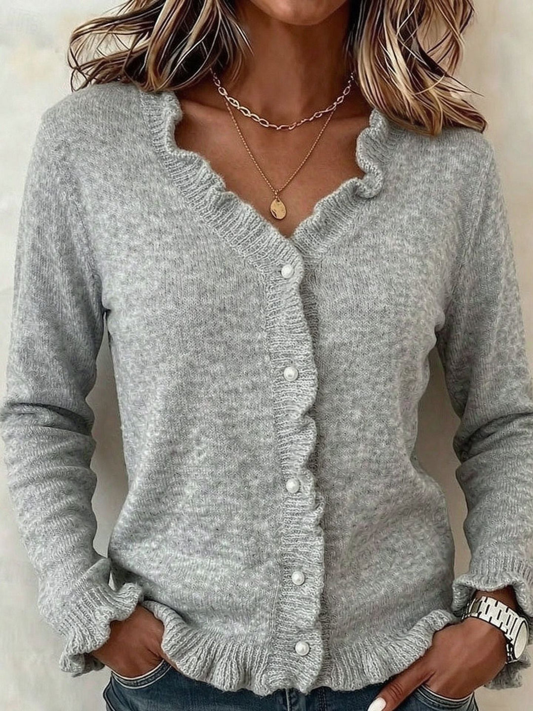 Women's Knit Cardigan – Frill Trim And V-Neck