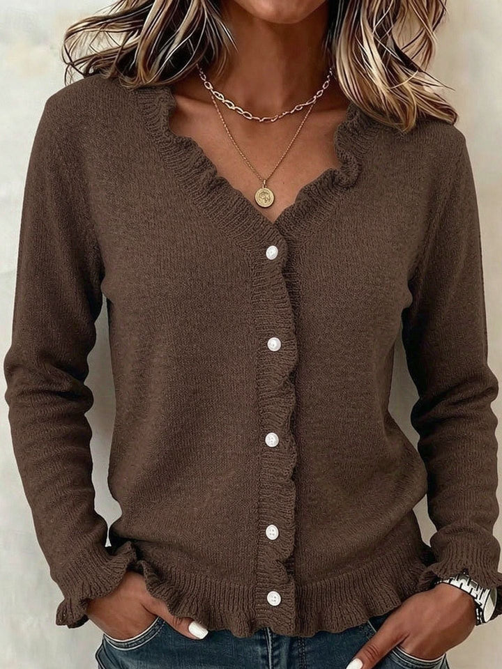 Women's Knit Cardigan – Frill Trim And V-Neck