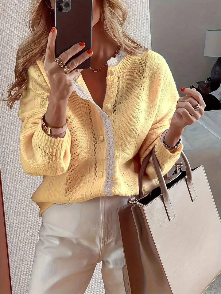 Women's Knit Cardigan – White Lace Trim And Round Neck