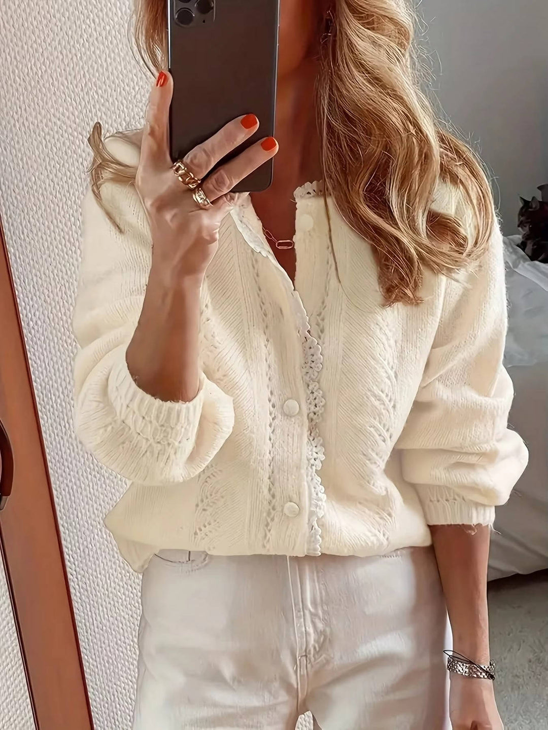 Women's Knit Cardigan – White Lace Trim And Round Neck